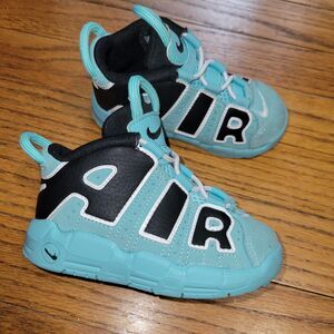 Size 7 Toddler Boy Girl Nike Air More Uptempo Light Aqua/Black-White TD Big Logo